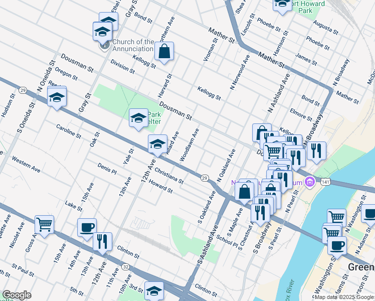 map of restaurants, bars, coffee shops, grocery stores, and more near 118 Woodlawn Avenue in Green Bay
