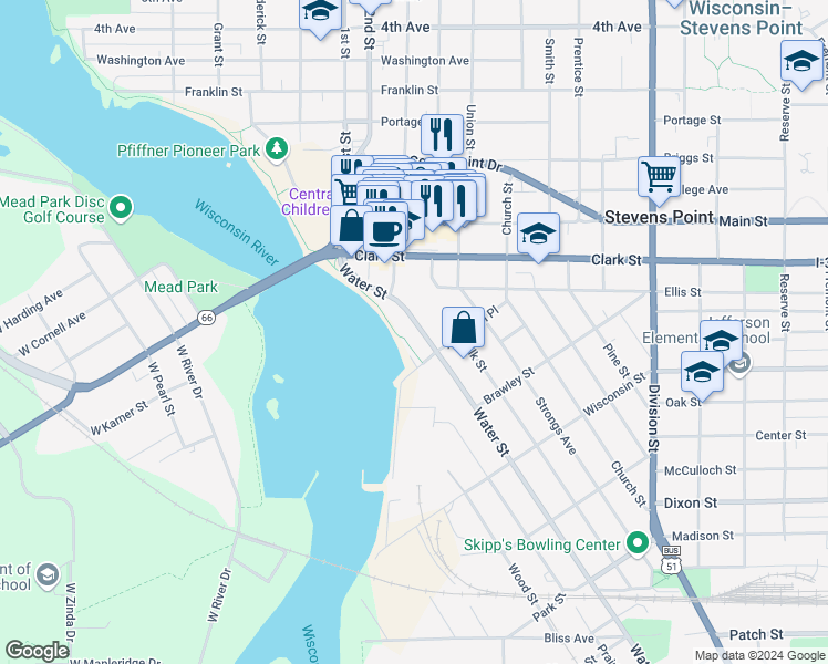 map of restaurants, bars, coffee shops, grocery stores, and more near 1466 Water Street in Stevens Point