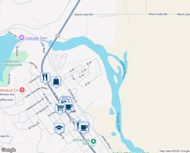 map of restaurants, bars, coffee shops, grocery stores, and more near 23 West Cascade Street in Cascade