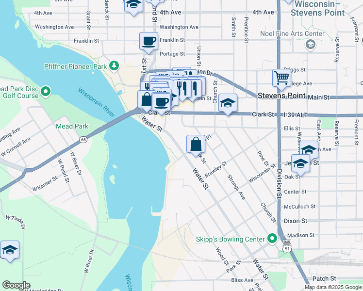map of restaurants, bars, coffee shops, grocery stores, and more near 1475 Water Street in Stevens Point
