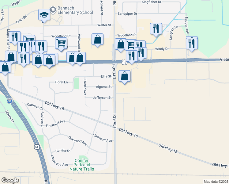map of restaurants, bars, coffee shops, grocery stores, and more near 5592 Jefferson Street in Stevens Point