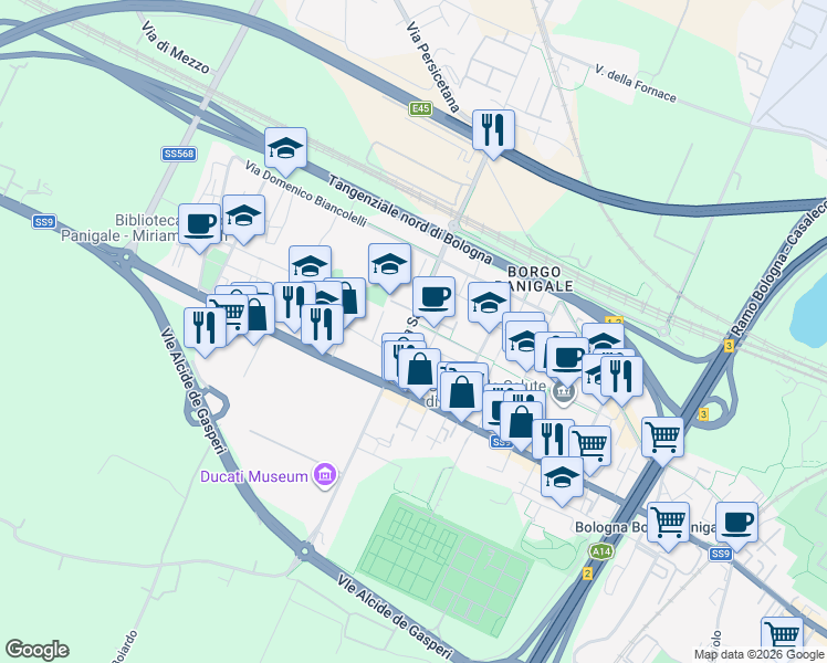 map of restaurants, bars, coffee shops, grocery stores, and more near 3 Via Francesco Magni in Bologna