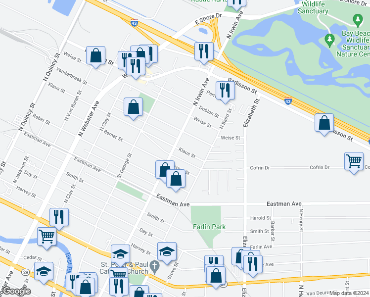 map of restaurants, bars, coffee shops, grocery stores, and more near 1321 Klaus Street in Green Bay