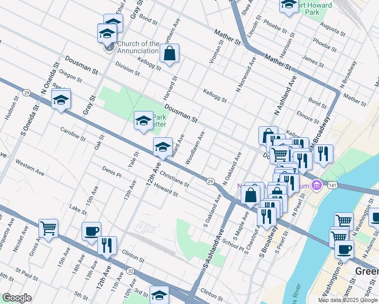 map of restaurants, bars, coffee shops, grocery stores, and more near 118 Woodlawn Avenue in Green Bay