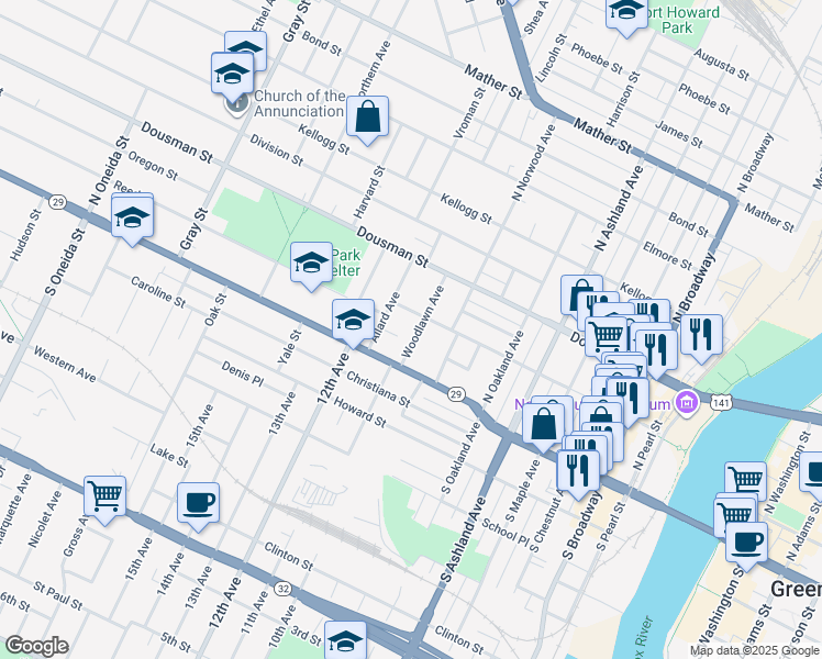 map of restaurants, bars, coffee shops, grocery stores, and more near 118 Woodlawn Avenue in Green Bay