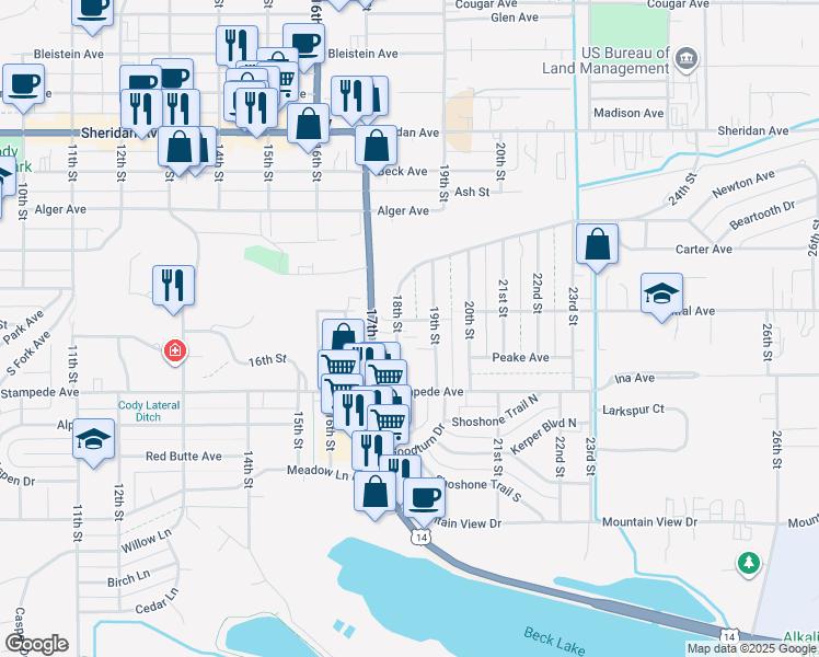 map of restaurants, bars, coffee shops, grocery stores, and more near 1632 18th Street in Cody