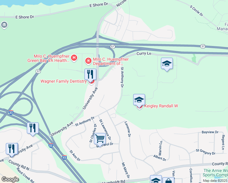 map of restaurants, bars, coffee shops, grocery stores, and more near 2834 Mount Mary Circle in Green Bay