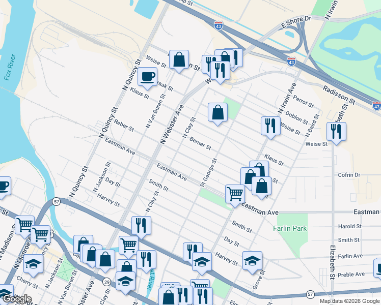 map of restaurants, bars, coffee shops, grocery stores, and more near 1144 Reber Street in Green Bay