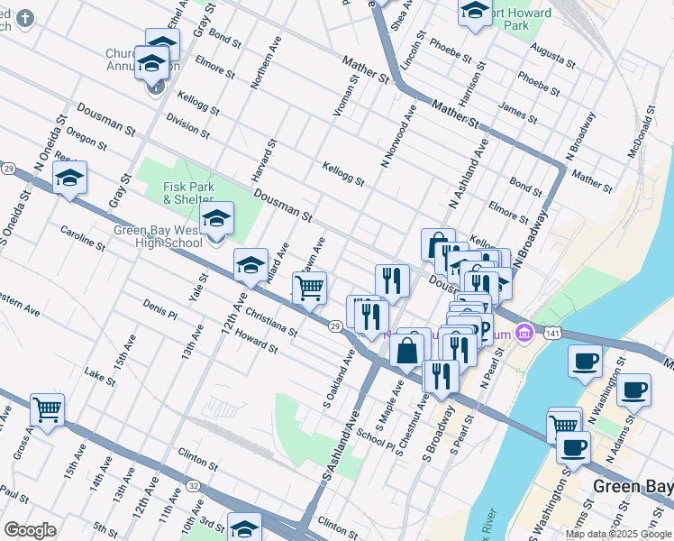 map of restaurants, bars, coffee shops, grocery stores, and more near 840 Hubbard Street in Green Bay