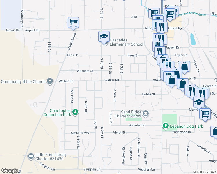 map of restaurants, bars, coffee shops, grocery stores, and more near 560 Manor Way in Lebanon