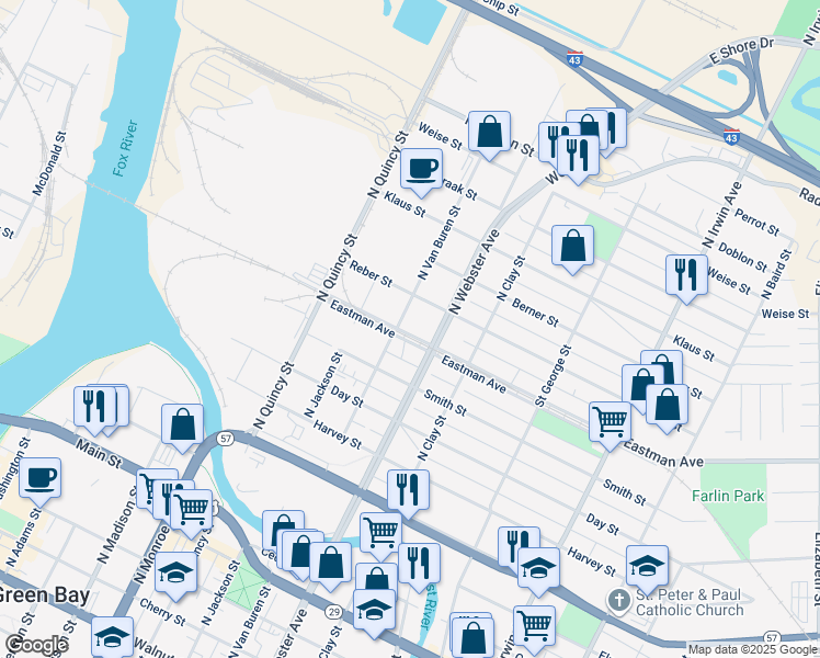 map of restaurants, bars, coffee shops, grocery stores, and more near 908 Eastman Avenue in Green Bay