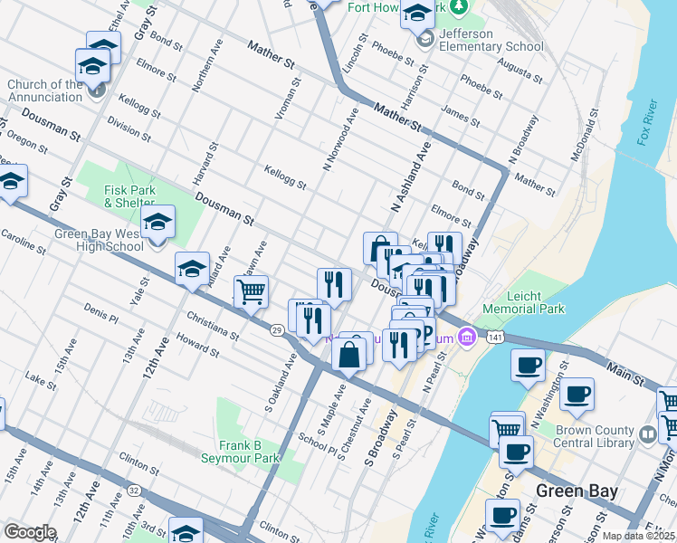 map of restaurants, bars, coffee shops, grocery stores, and more near 219 North Ashland Avenue in Green Bay