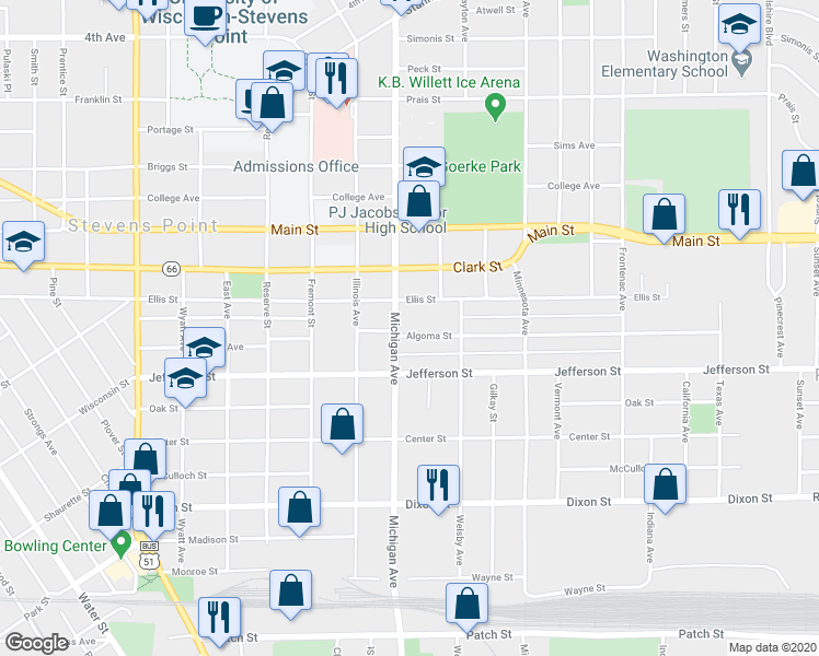 map of restaurants, bars, coffee shops, grocery stores, and more near 2433 Algoma Street in Stevens Point