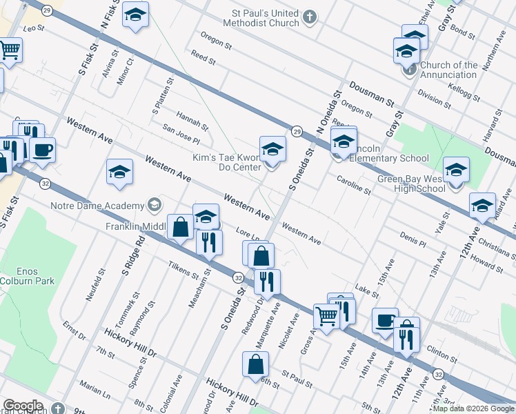 map of restaurants, bars, coffee shops, grocery stores, and more near 1184 Western Avenue in Green Bay