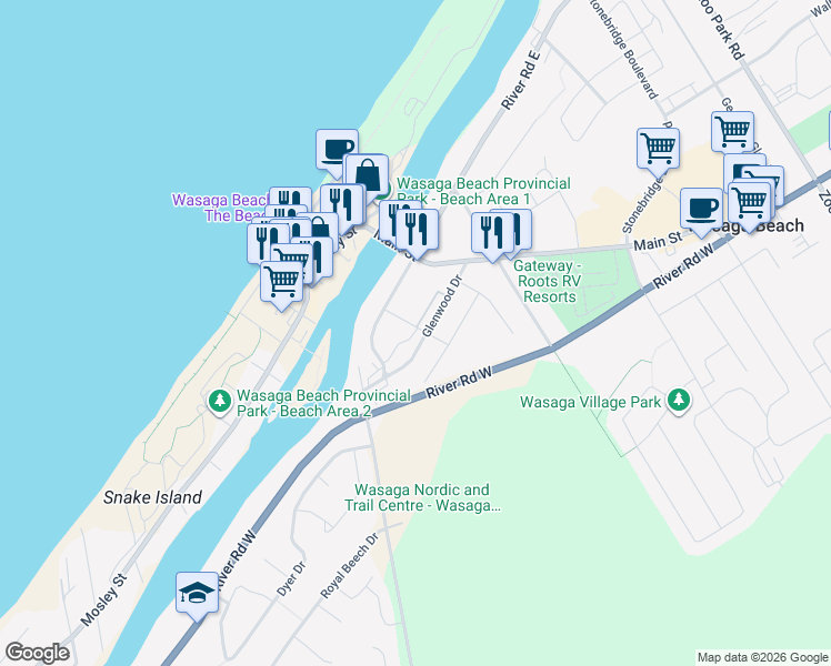 map of restaurants, bars, coffee shops, grocery stores, and more near 32 Lewis Street in Wasaga Beach