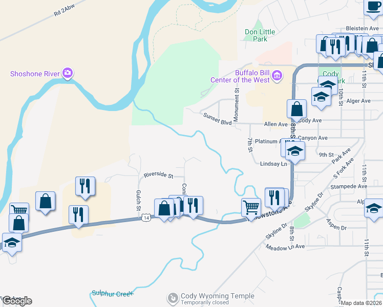 map of restaurants, bars, coffee shops, grocery stores, and more near 631 Conifer Ln in Cody
