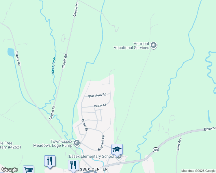 map of restaurants, bars, coffee shops, grocery stores, and more near 1 Cedar Court in Essex