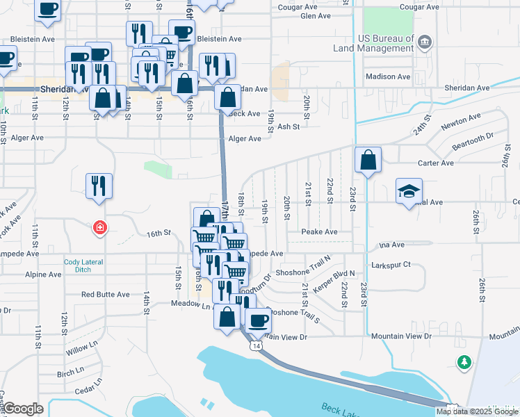 map of restaurants, bars, coffee shops, grocery stores, and more near 1532 19th Street in Cody