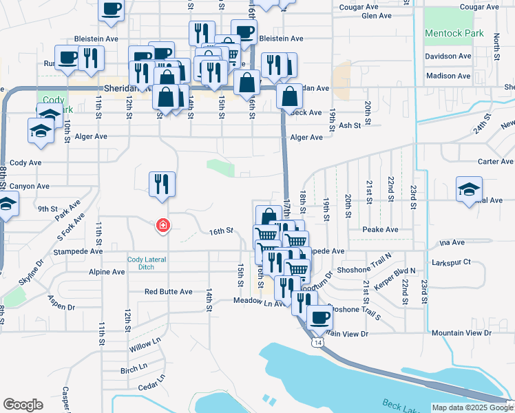 map of restaurants, bars, coffee shops, grocery stores, and more near 1626-1632 Draw Street in Cody