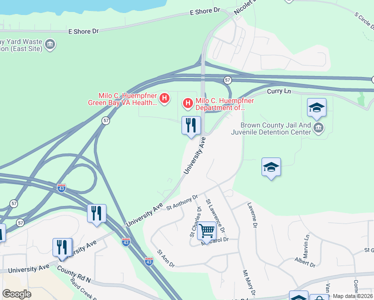 map of restaurants, bars, coffee shops, grocery stores, and more near 2830 Curry Lane in Green Bay