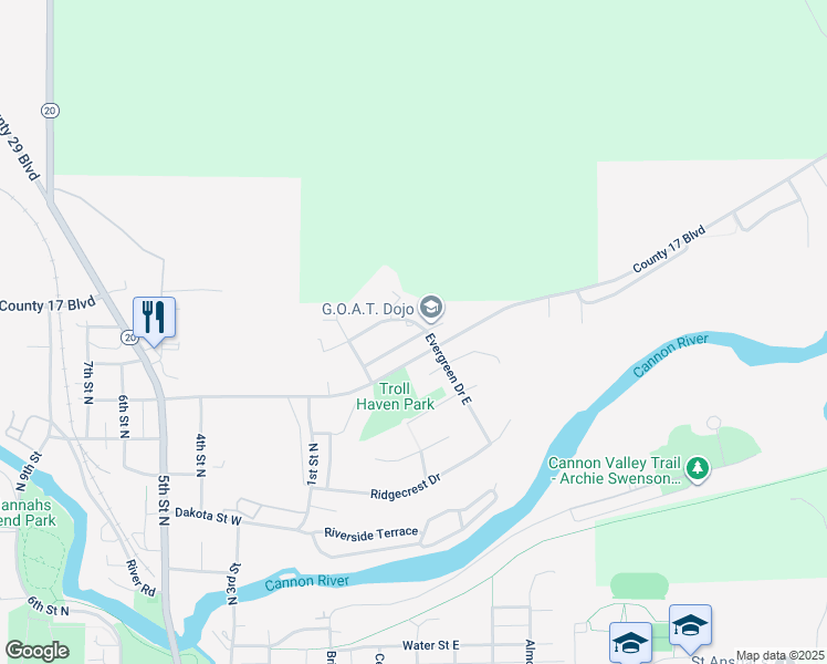 map of restaurants, bars, coffee shops, grocery stores, and more near 117 Village Avenue in Cannon Falls