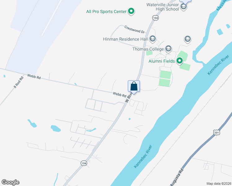 map of restaurants, bars, coffee shops, grocery stores, and more near 5 Webb Road in Waterville