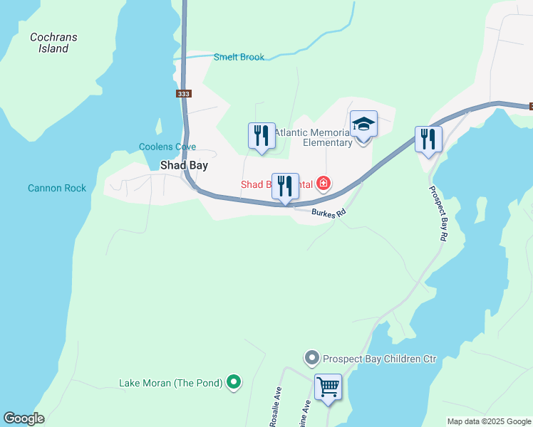 map of restaurants, bars, coffee shops, grocery stores, and more near 3728 Prospect Road in Shad Bay