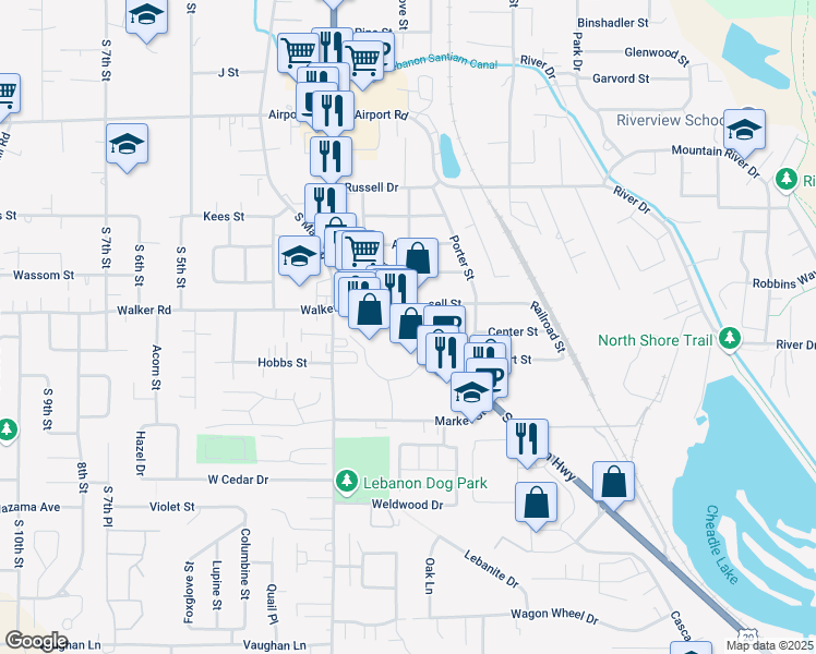 map of restaurants, bars, coffee shops, grocery stores, and more near 2665 South Santiam Highway in Lebanon