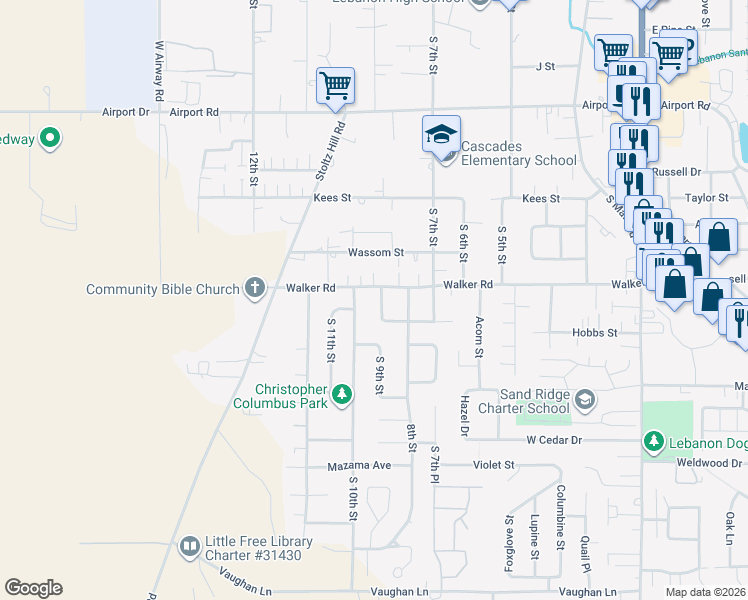 map of restaurants, bars, coffee shops, grocery stores, and more near 961 Walker Road in Lebanon