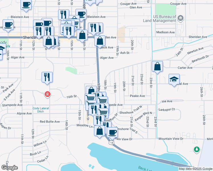 map of restaurants, bars, coffee shops, grocery stores, and more near 1514 18th Street in Cody