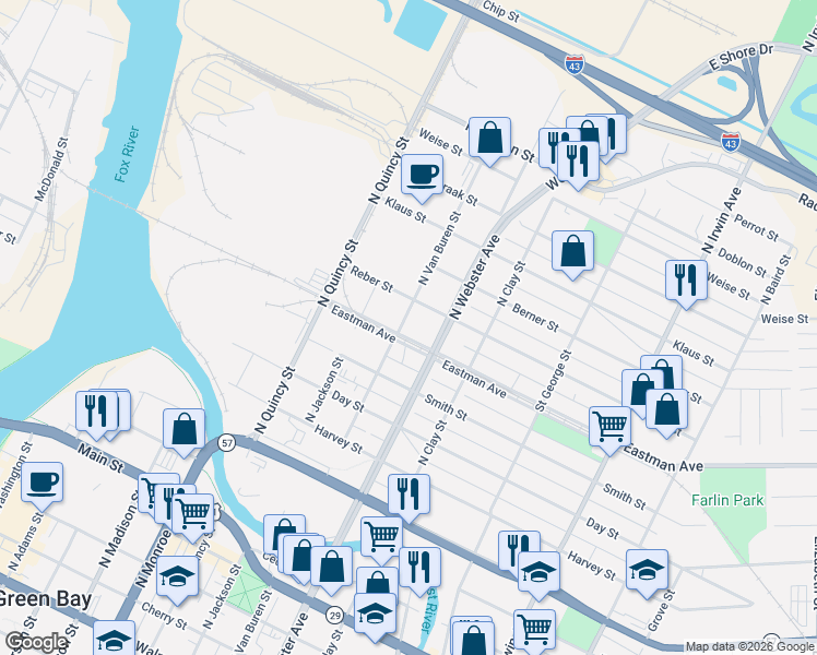 map of restaurants, bars, coffee shops, grocery stores, and more near 1127 North Van Buren Street in Green Bay