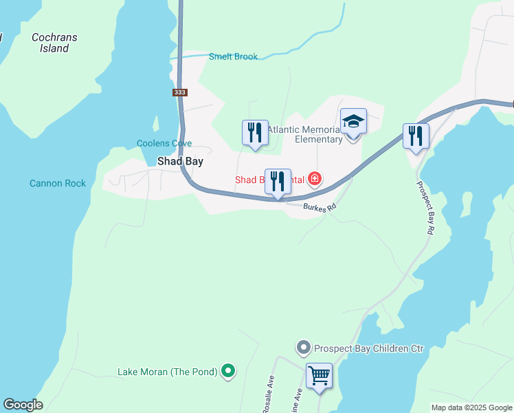 map of restaurants, bars, coffee shops, grocery stores, and more near 3728 Prospect Road in Shad Bay