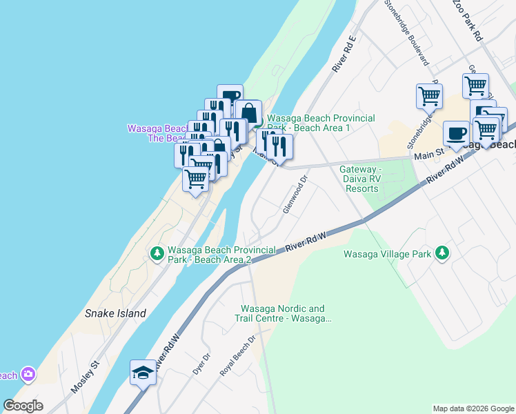 map of restaurants, bars, coffee shops, grocery stores, and more near 59 River Avenue Crescent in Wasaga Beach