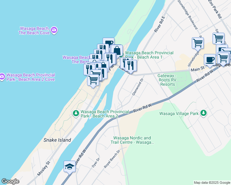 map of restaurants, bars, coffee shops, grocery stores, and more near 60 River Avenue Crescent in Wasaga Beach