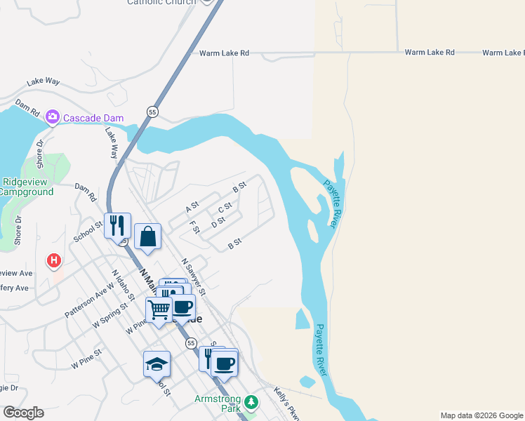 map of restaurants, bars, coffee shops, grocery stores, and more near West Street in Cascade