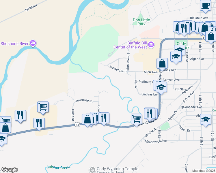 map of restaurants, bars, coffee shops, grocery stores, and more near 631 Conifer Ln in Cody
