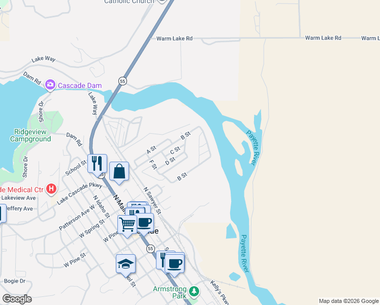 map of restaurants, bars, coffee shops, grocery stores, and more near C Street in Cascade