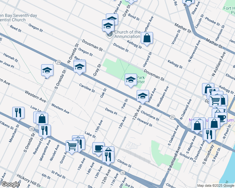 map of restaurants, bars, coffee shops, grocery stores, and more near in Green Bay