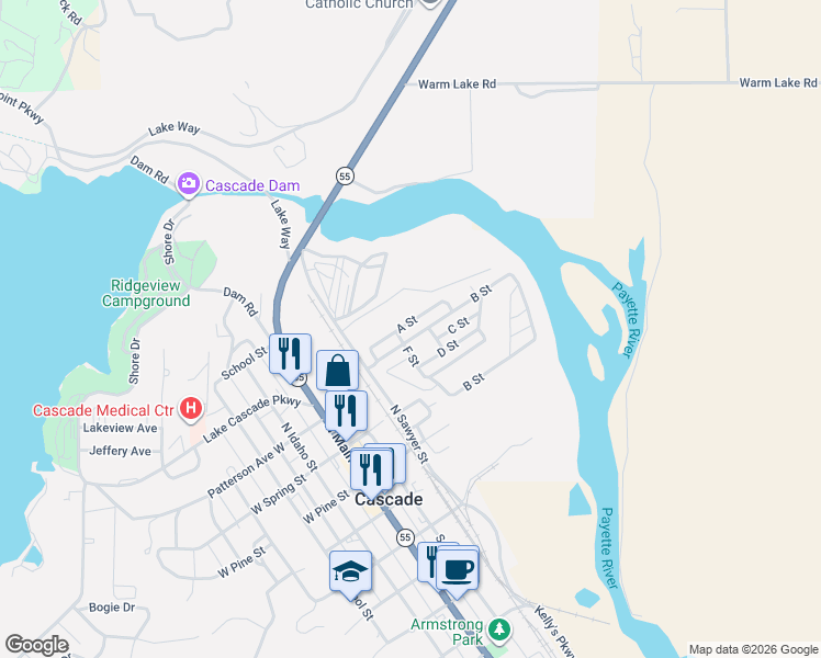 map of restaurants, bars, coffee shops, grocery stores, and more near B18 Sarah Way in Cascade
