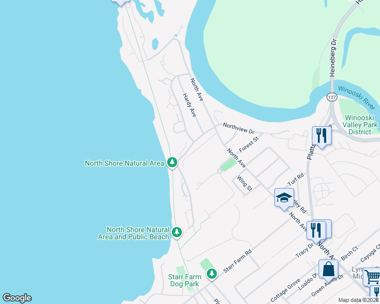map of restaurants, bars, coffee shops, grocery stores, and more near 71 Northshore Drive in Burlington
