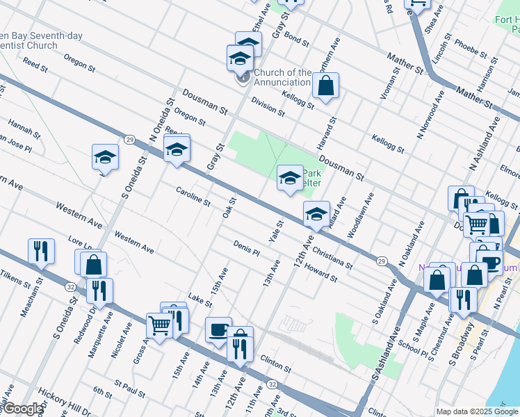 map of restaurants, bars, coffee shops, grocery stores, and more near in Green Bay