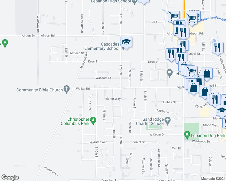 map of restaurants, bars, coffee shops, grocery stores, and more near 2613 South 8th Street in Lebanon