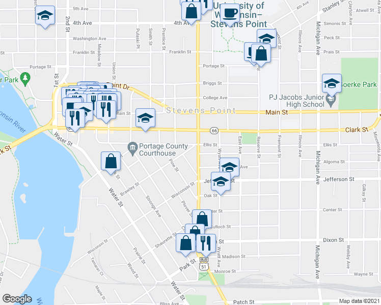 map of restaurants, bars, coffee shops, grocery stores, and more near 1625 Brawley Street in Stevens Point