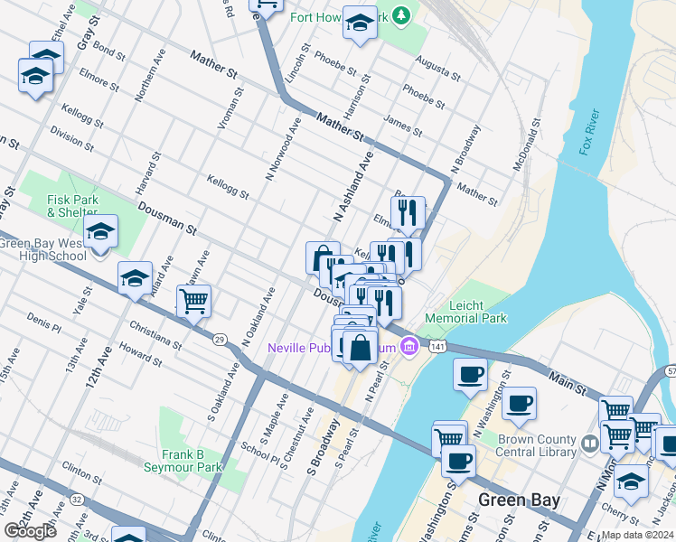 map of restaurants, bars, coffee shops, grocery stores, and more near 329 North Maple Avenue in Green Bay