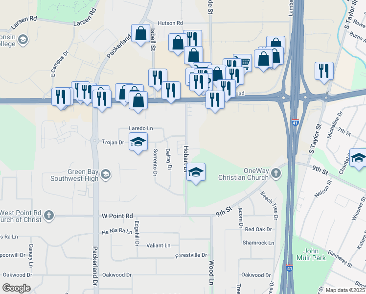 map of restaurants, bars, coffee shops, grocery stores, and more near 1220 Hobart Drive in Green Bay