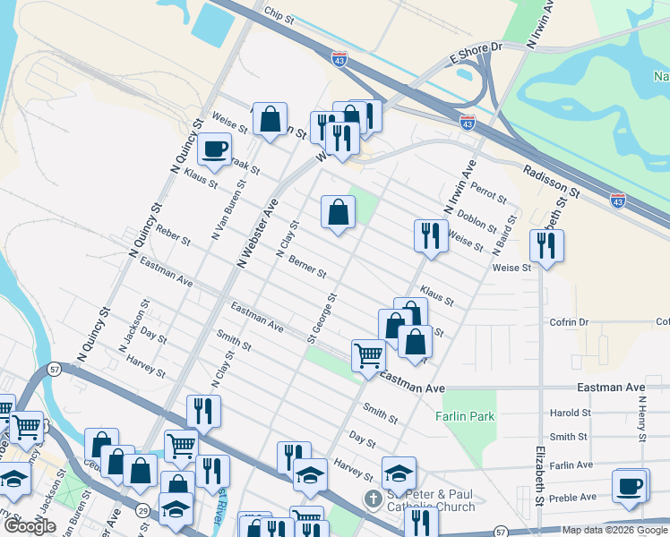 map of restaurants, bars, coffee shops, grocery stores, and more near 1156 Klaus Street in Green Bay