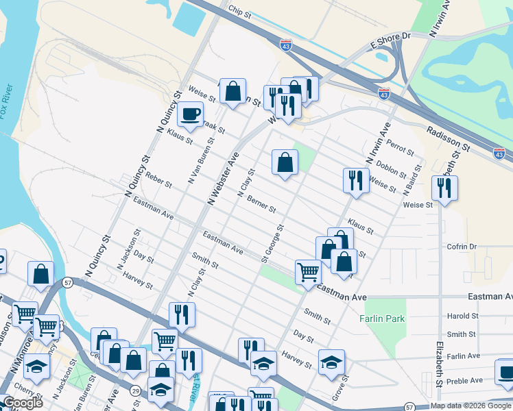 map of restaurants, bars, coffee shops, grocery stores, and more near 1115 Berner Street in Green Bay
