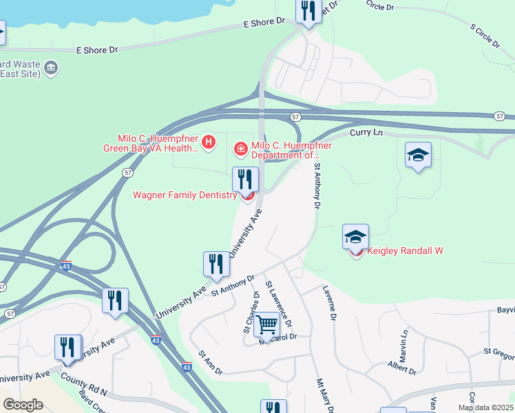 map of restaurants, bars, coffee shops, grocery stores, and more near 2851 University Avenue in Green Bay