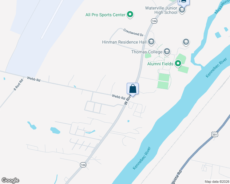 map of restaurants, bars, coffee shops, grocery stores, and more near 5 Webb Road in Waterville