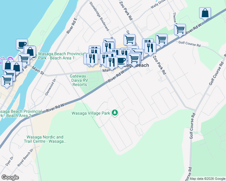 map of restaurants, bars, coffee shops, grocery stores, and more near 21 Northgate Road in Wasaga Beach